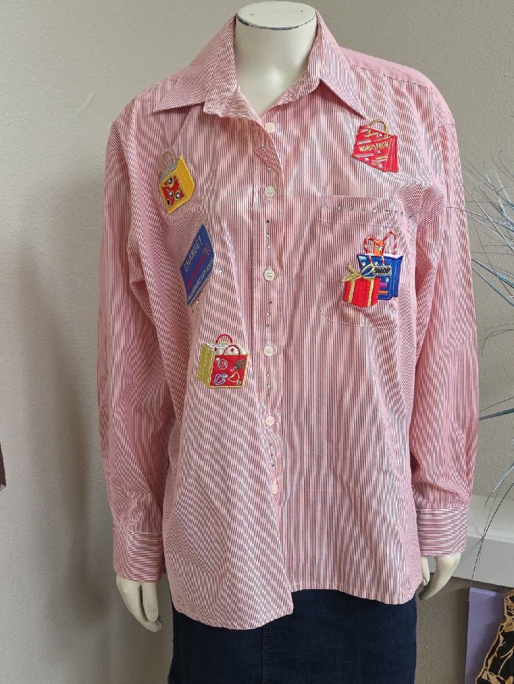 Mili Designs  Red/White Striped Embroidered Patch Button-Up Shirt